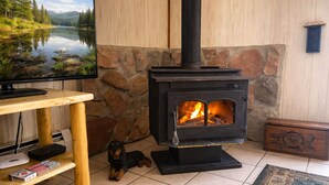 A cozy room with a stone wall, a fireplace, a television, and a dog. - Sunset Beach Chalet with Hot Tub & Fire Pit Near Hiking, Skiing & Snowmobiling (Gaylord)