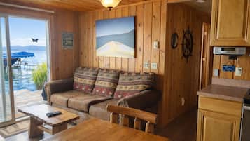 Smart TV, fireplace, books, stereo