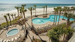 Area piscina dalla forma sinuosa, circondata da palme e lettini prendisole, con vista su una spiaggia e l'oceano.