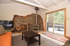 TV connectée, cheminée, lecteur de DVD, livres