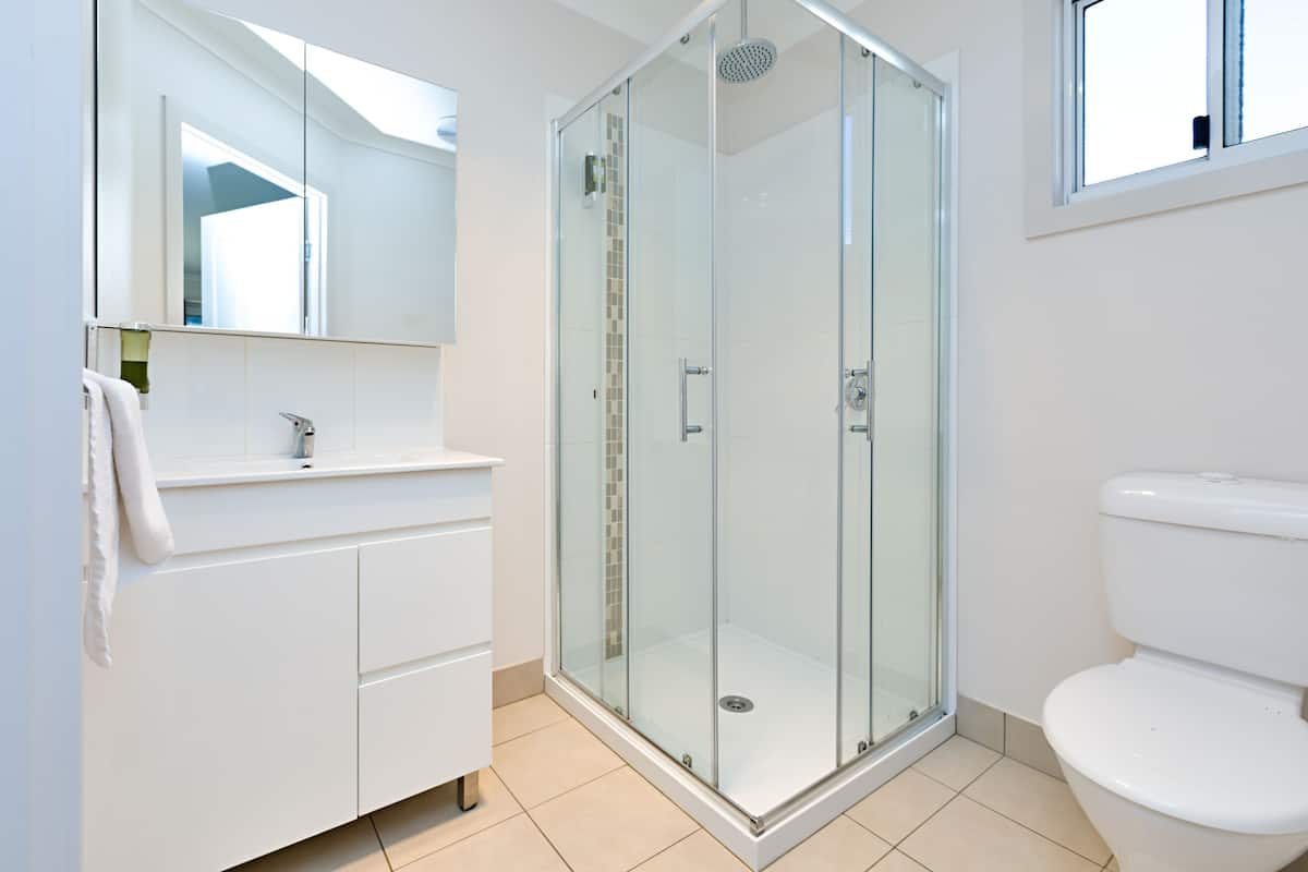 A modern bathroom with a glass-enclosed shower, a white toilet, and a vanity with a mirror.