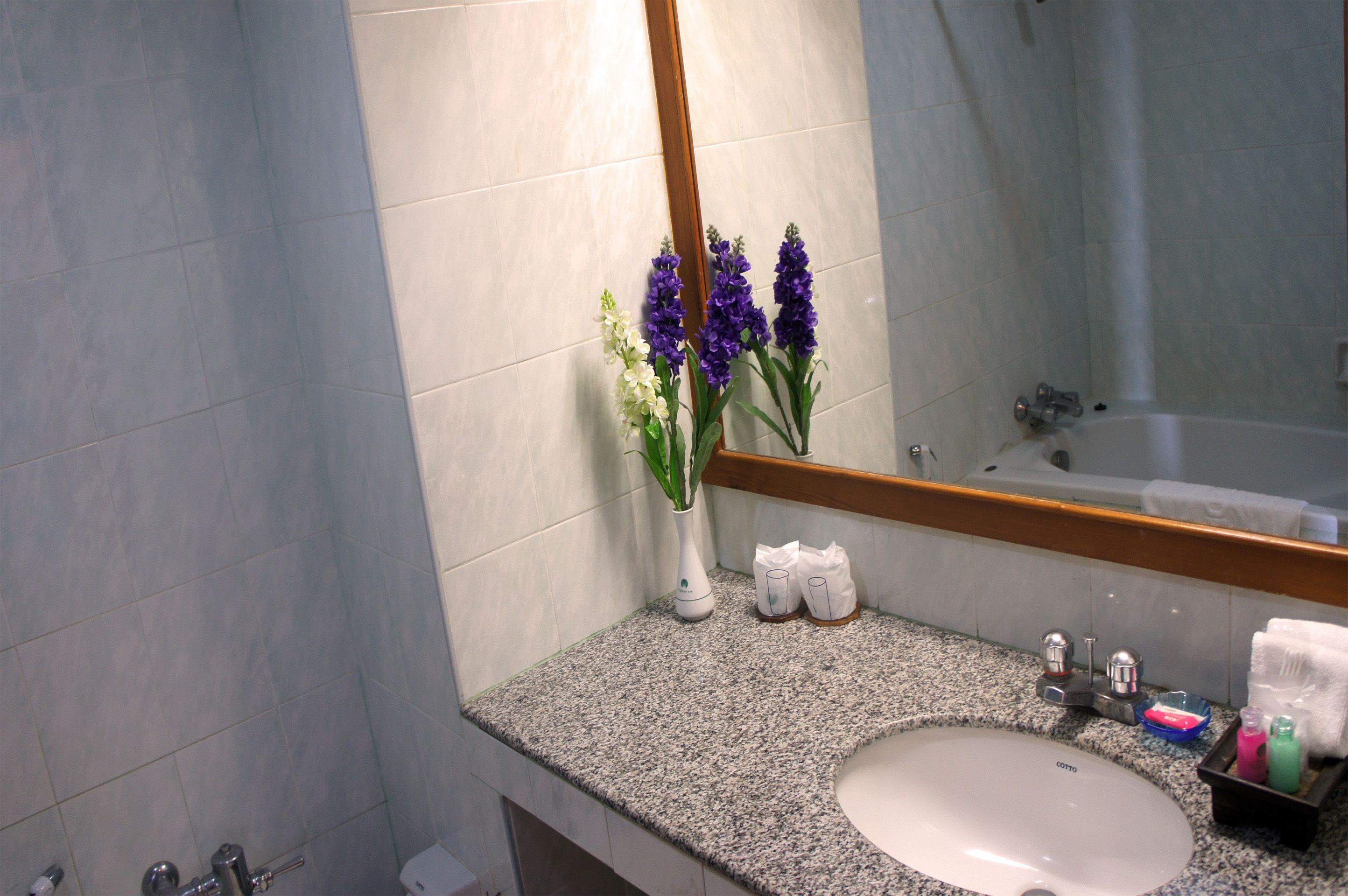 Un baño con encimera de granito, un lavabo blanco, un espejo y una bañera.