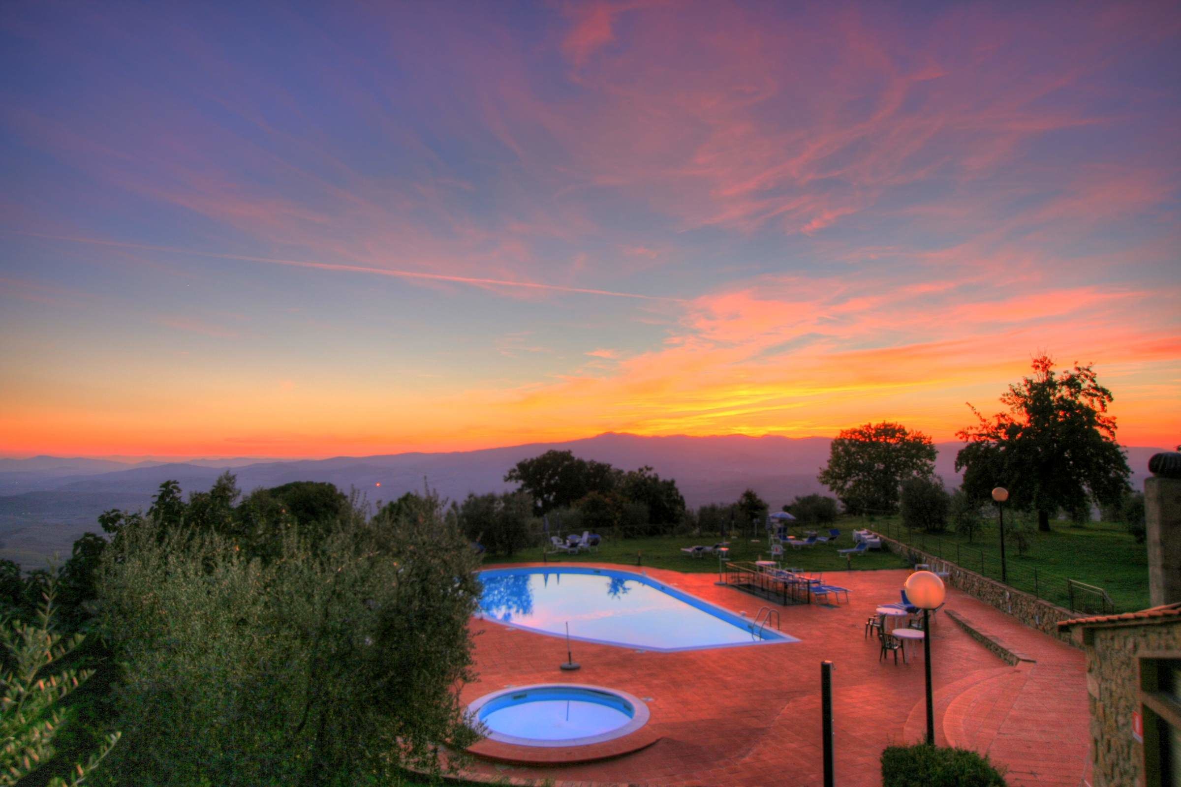 seasonal outdoor pool, pool umbrellas, pool loungers