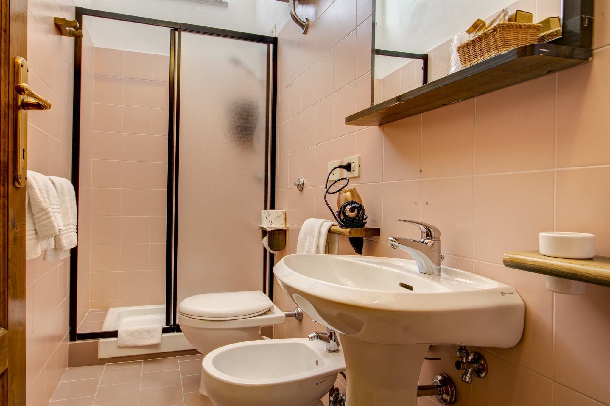 A bathroom with a shower, toilet, bidet, sink, and towel rack.