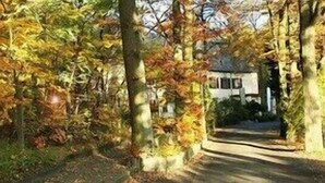 Un chemin menant à un bâtiment entouré d’arbres aux feuilles d’automne.