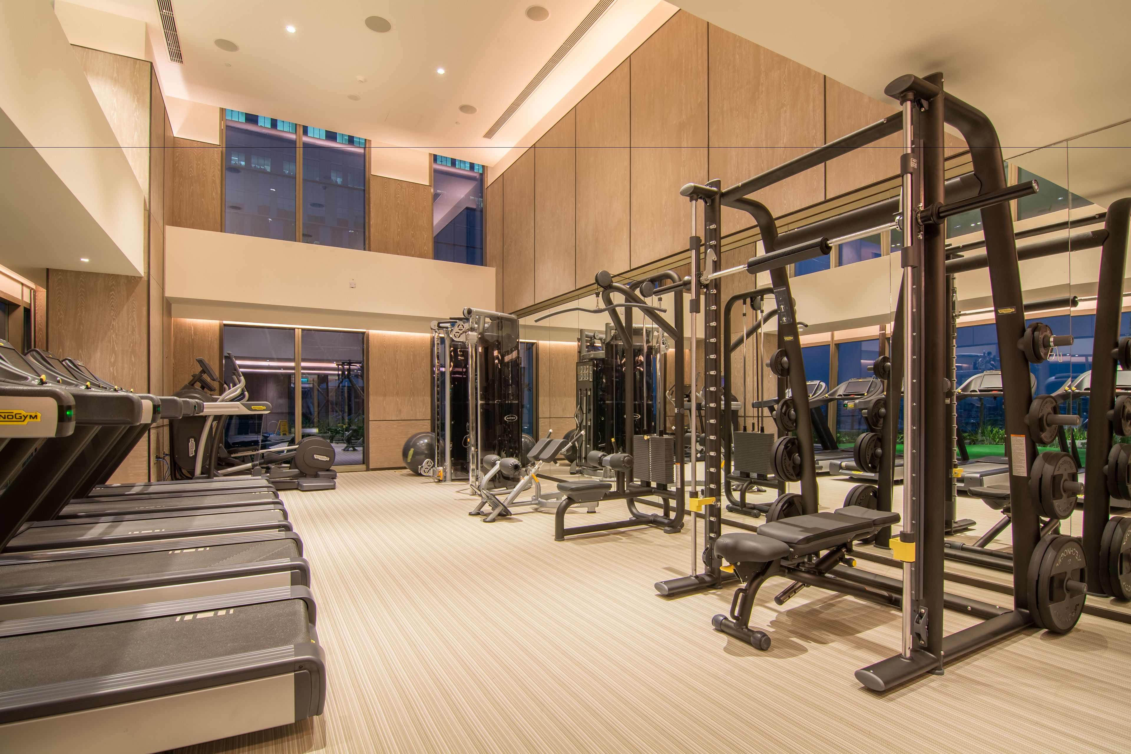 A spacious gym with treadmills, weight machines, and free weights.