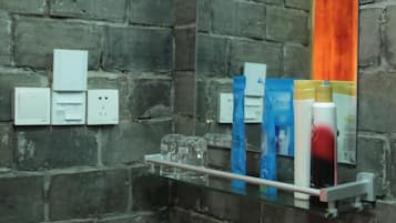 Shower, free toiletries, hair dryer, slippers