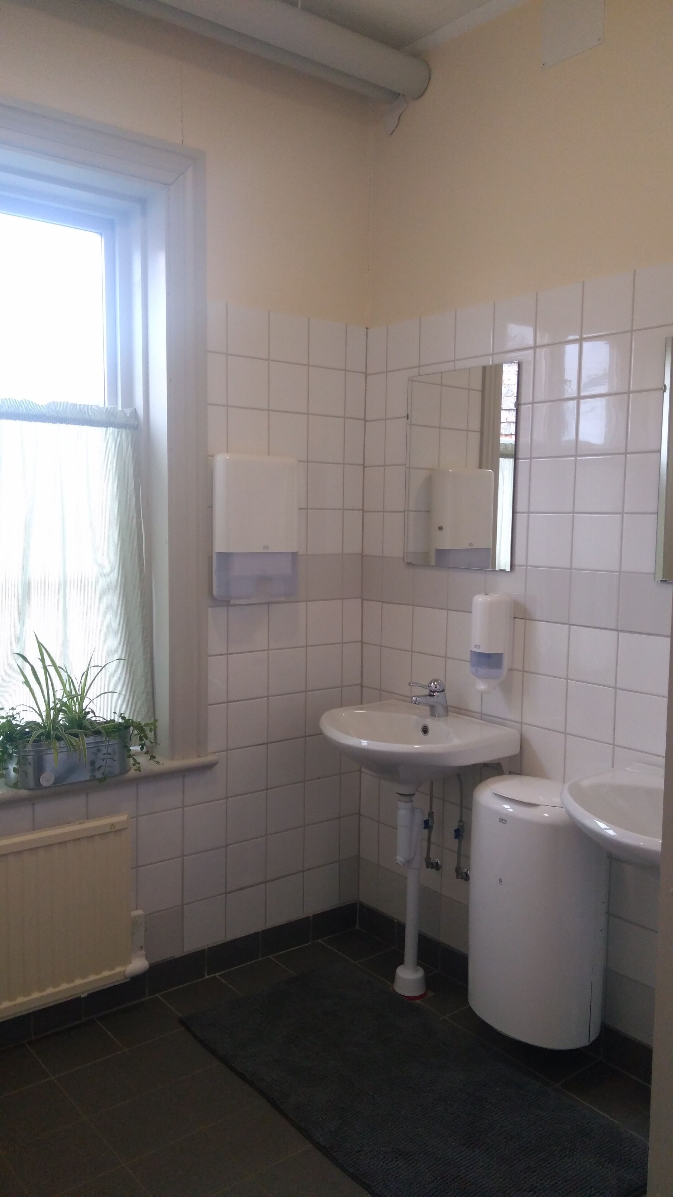 Ett badrum med handfat, spegel och toalett. Det finns ett fönster med gardin och ett element.