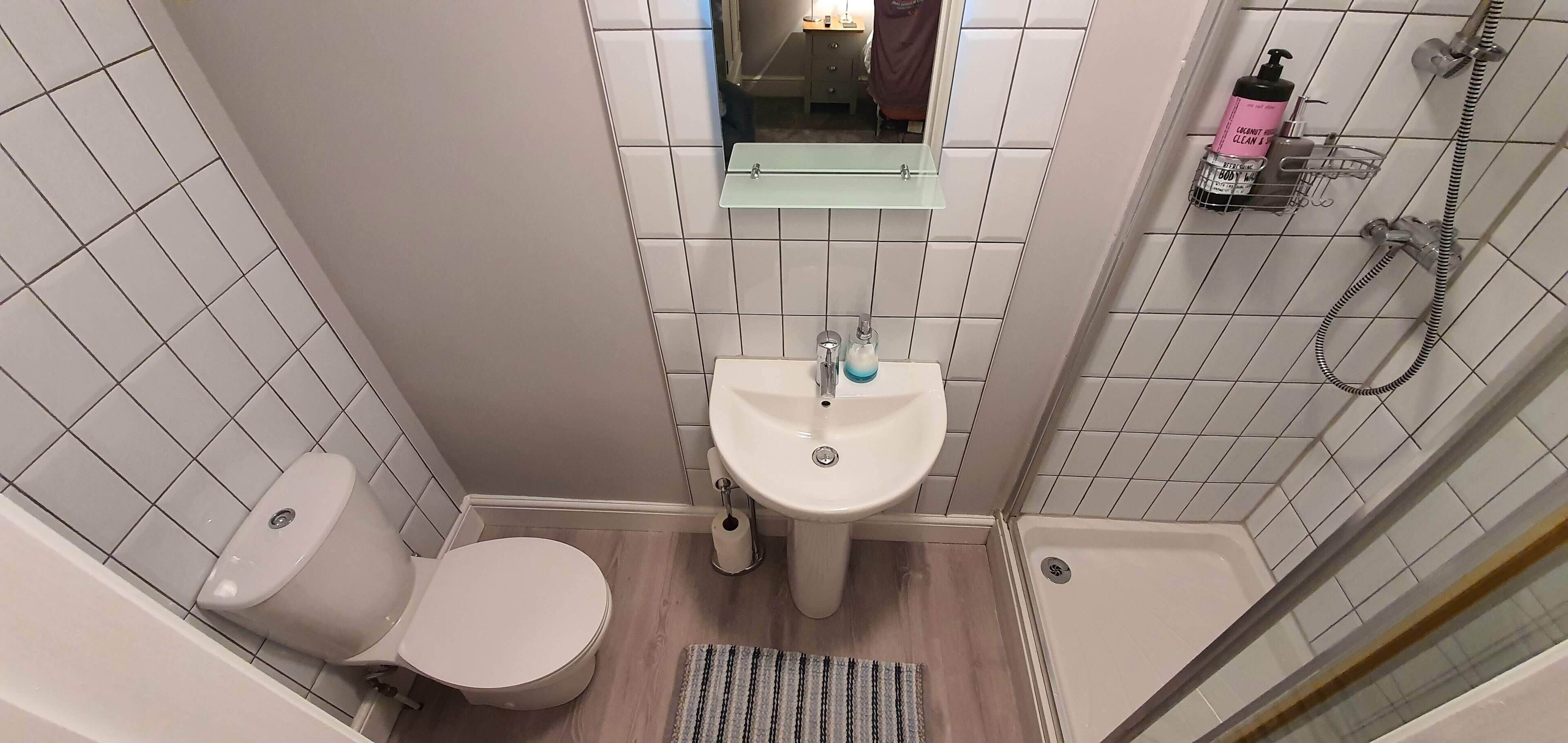 A small bathroom with a toilet, sink, and shower.