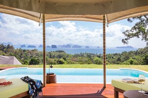 Barraca panorâmica, 1 quarto, piscina particular, vista para o oceano | Piscina infinita | Piscina externa, espreguiçadeiras