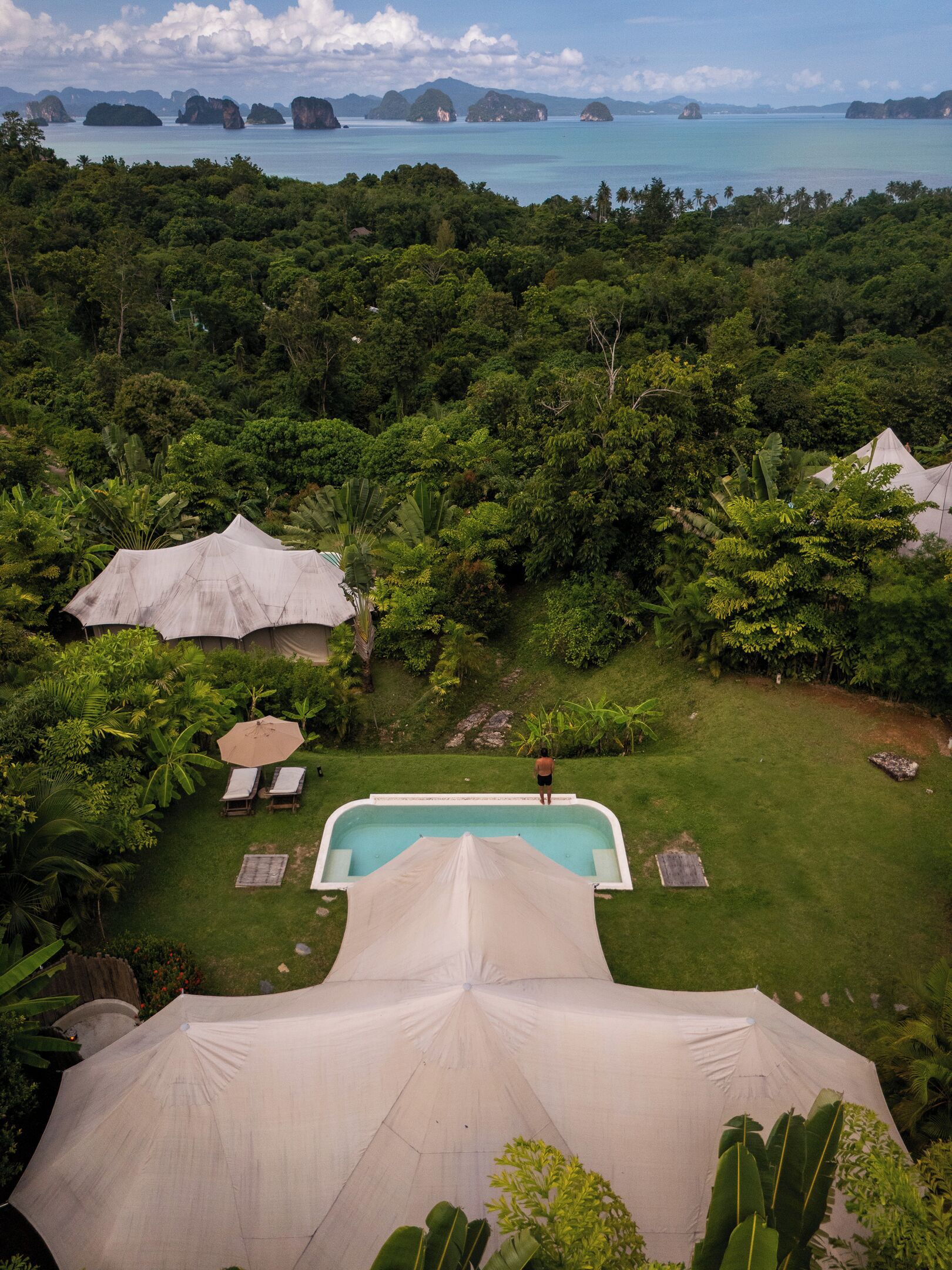 A lush garden with a swimming pool, surrounded by dense tropical vegetation and a view of distant islands.