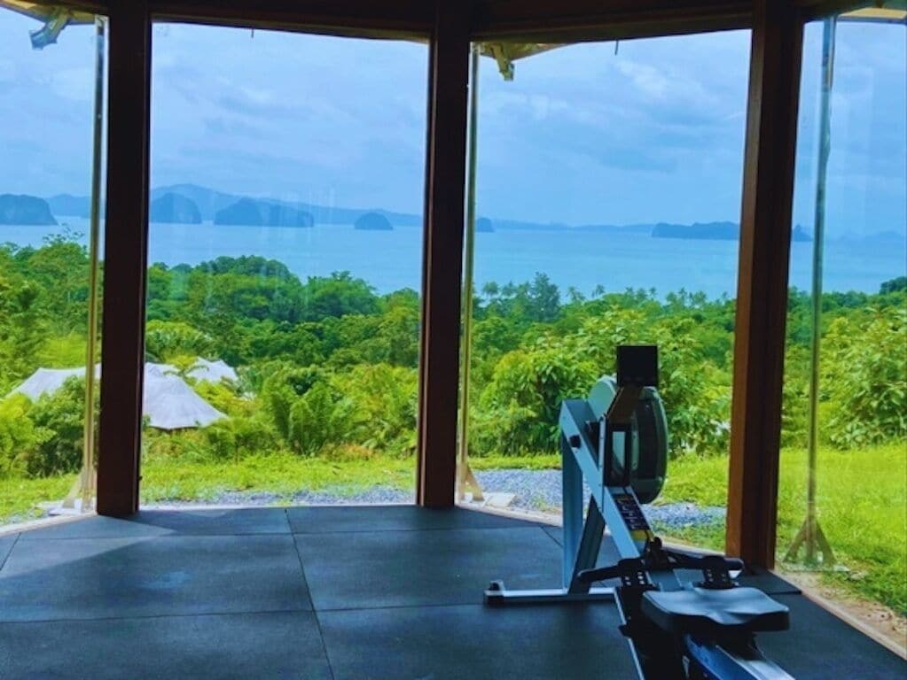 A gym with a stationary bike and a view of a lush landscape and water.
