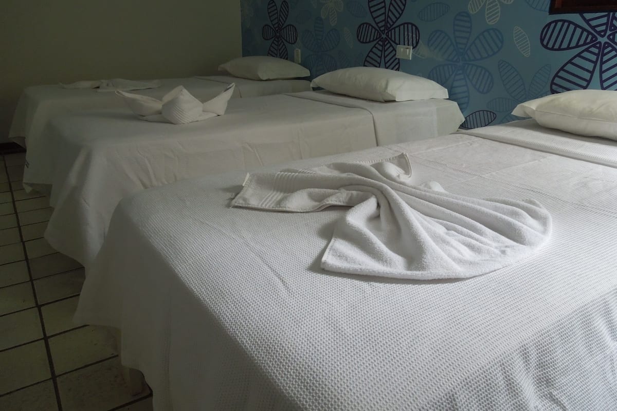 Habitación de hotel con dos camas, cada una con ropa blanca y almohadas, y un estampado floral azul en la pared.