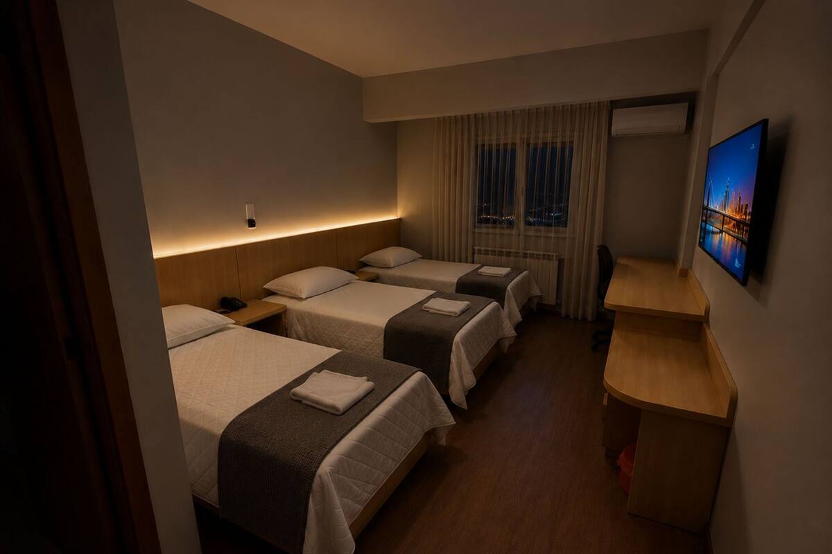 A hotel room with three beds, a desk, a TV, and a window with curtains.
