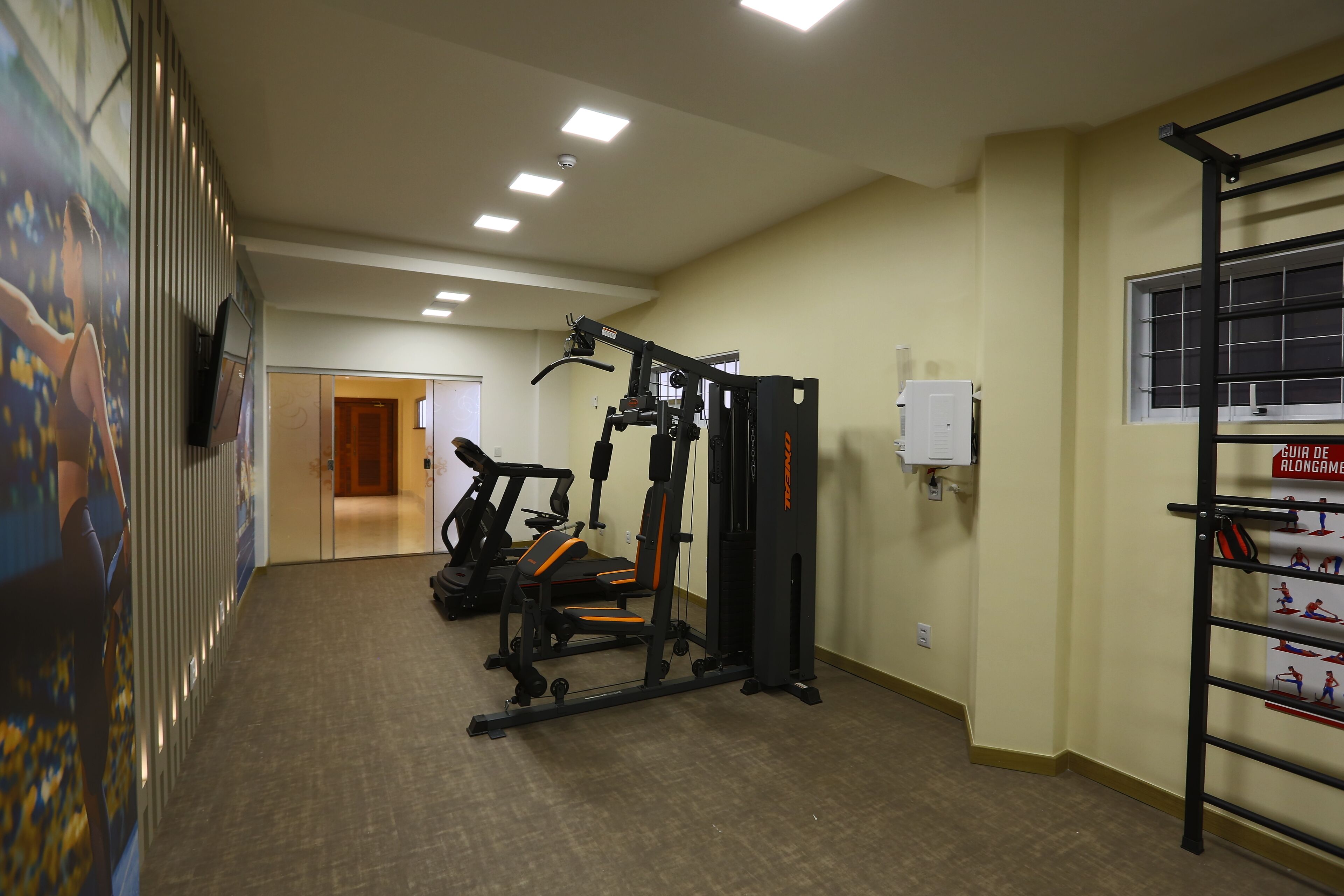 A gym with exercise equipment, a treadmill, and a wall-mounted rack.