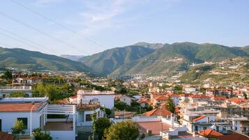 A residential area with houses, a bridge, and mountains in the background.