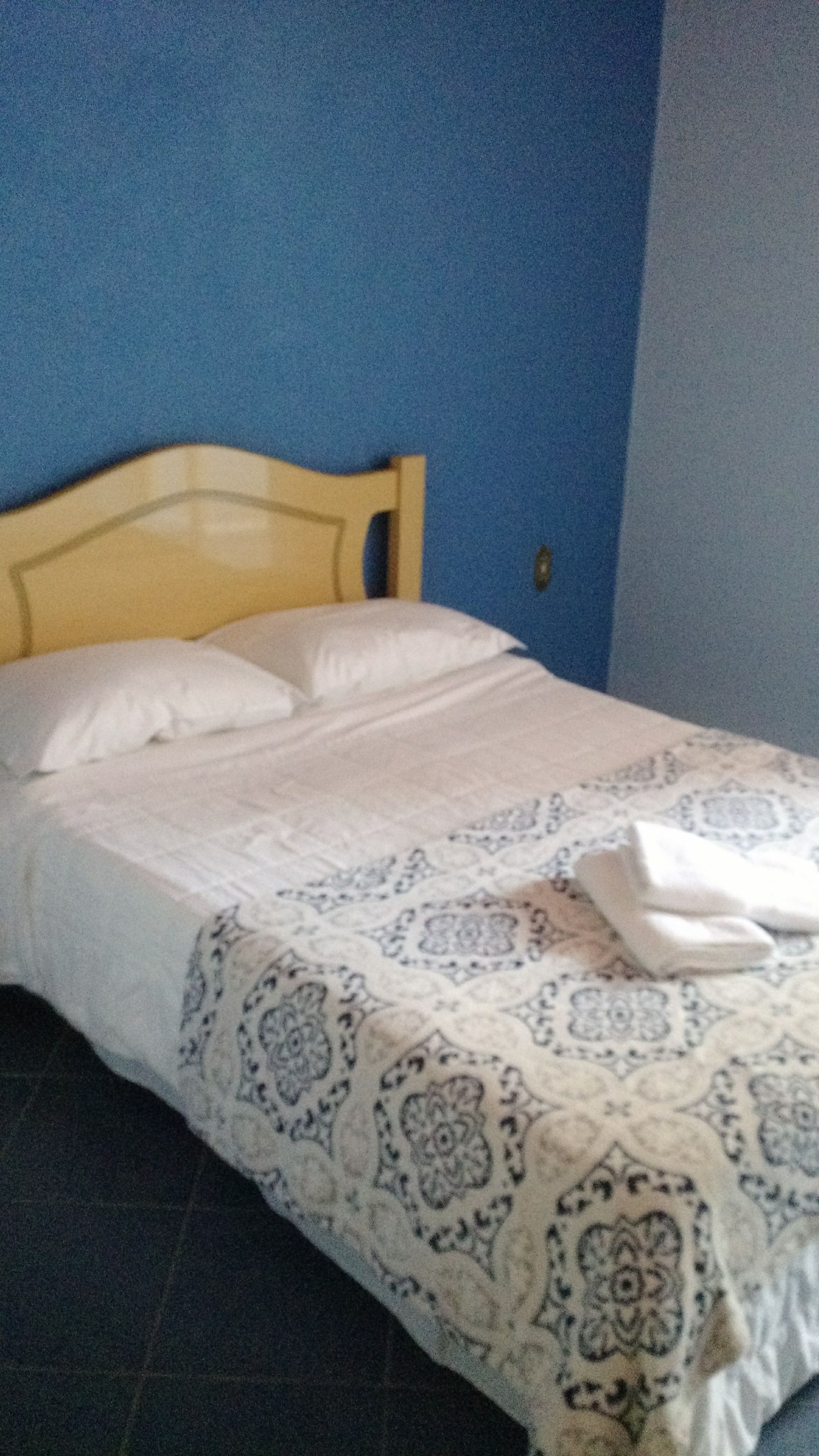 Uma cama com colcha estampada em quarto com paredes azuis e cabeceira de madeira.