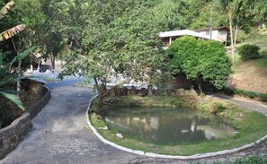 A paved pathway leading to a small pond surrounded by lush greenery and a building in the background. - Quilombo Hotel Fazenda (Uniao dos Palmares)