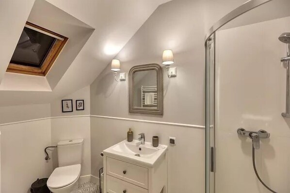 Un baño con tragaluz, inodoro, lavamanos con espejo y ducha.
