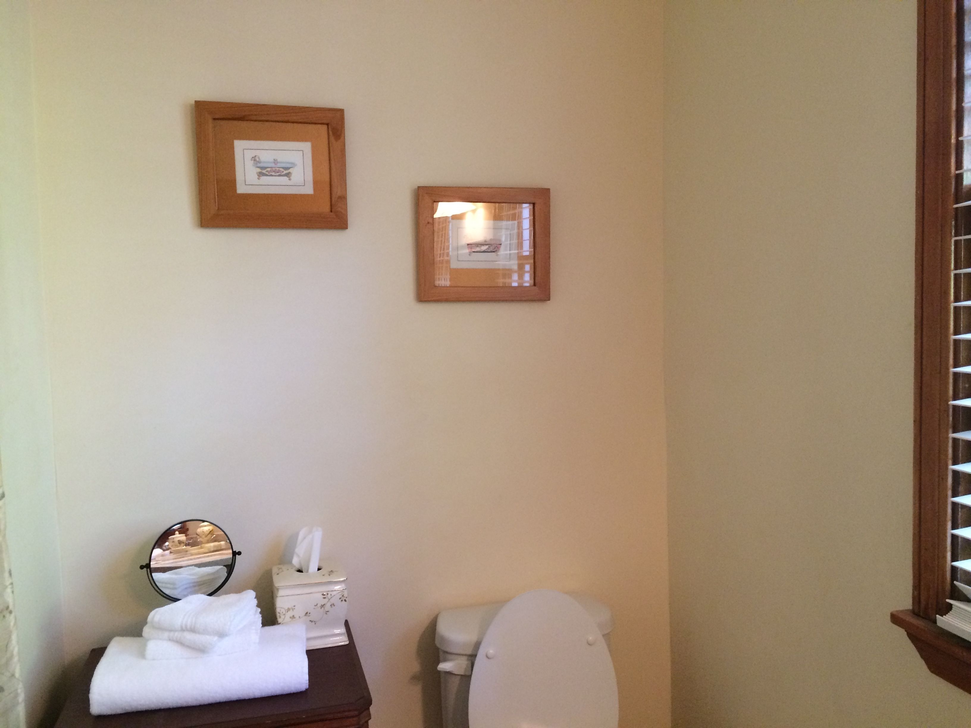 Une salle de bain avec des toilettes, une boîte de mouchoirs et une serviette posée sur le comptoir. Deux tableaux encadrés sont accrochés au mur.