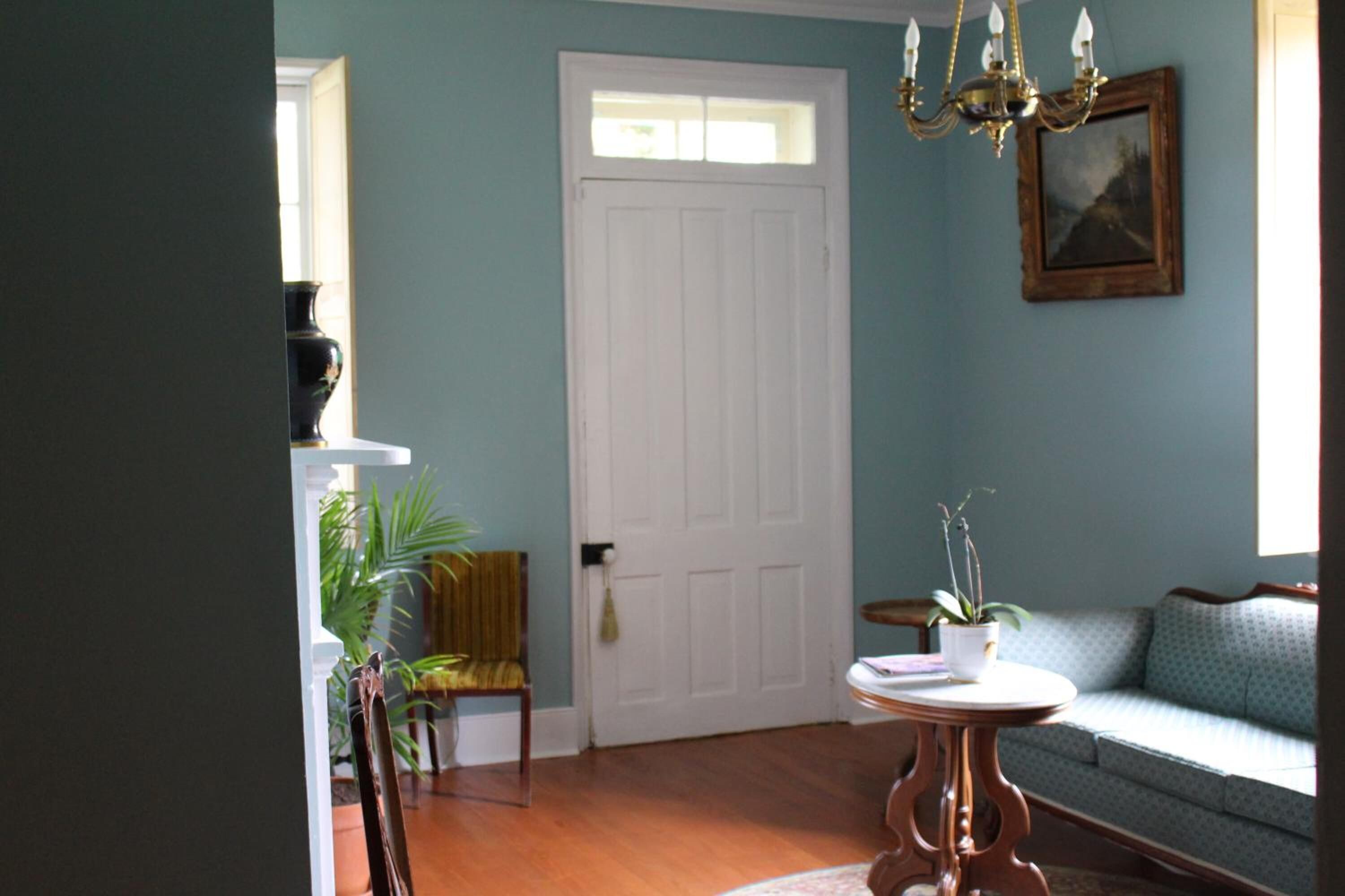 A room with a white door, a chandelier, a sofa, and a small table with a plant.