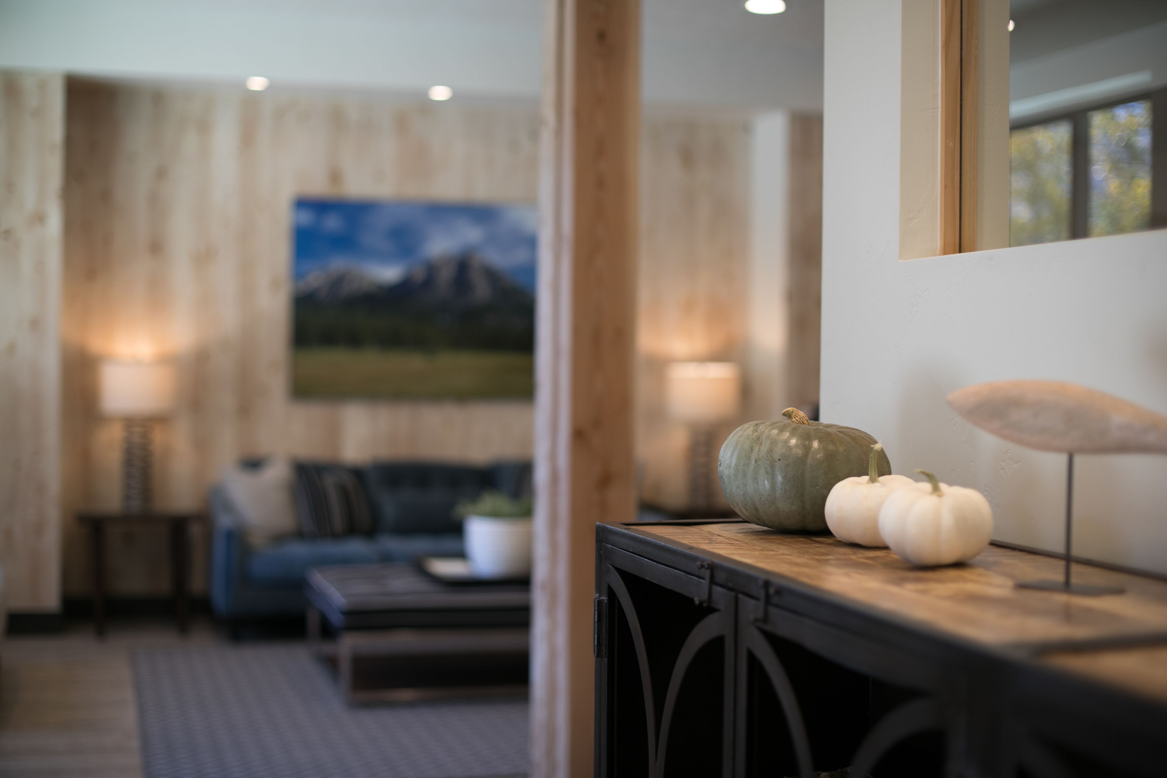 Een moderne woonkamer met een houten wand, een bank, een salontafel en decoratieve pompoenen.