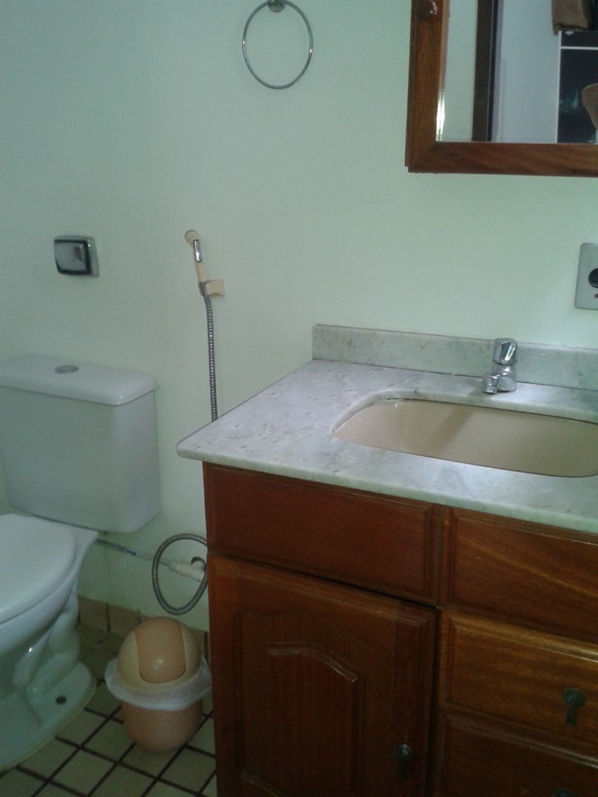 Un baño con inodoro, lavamanos y espejo.