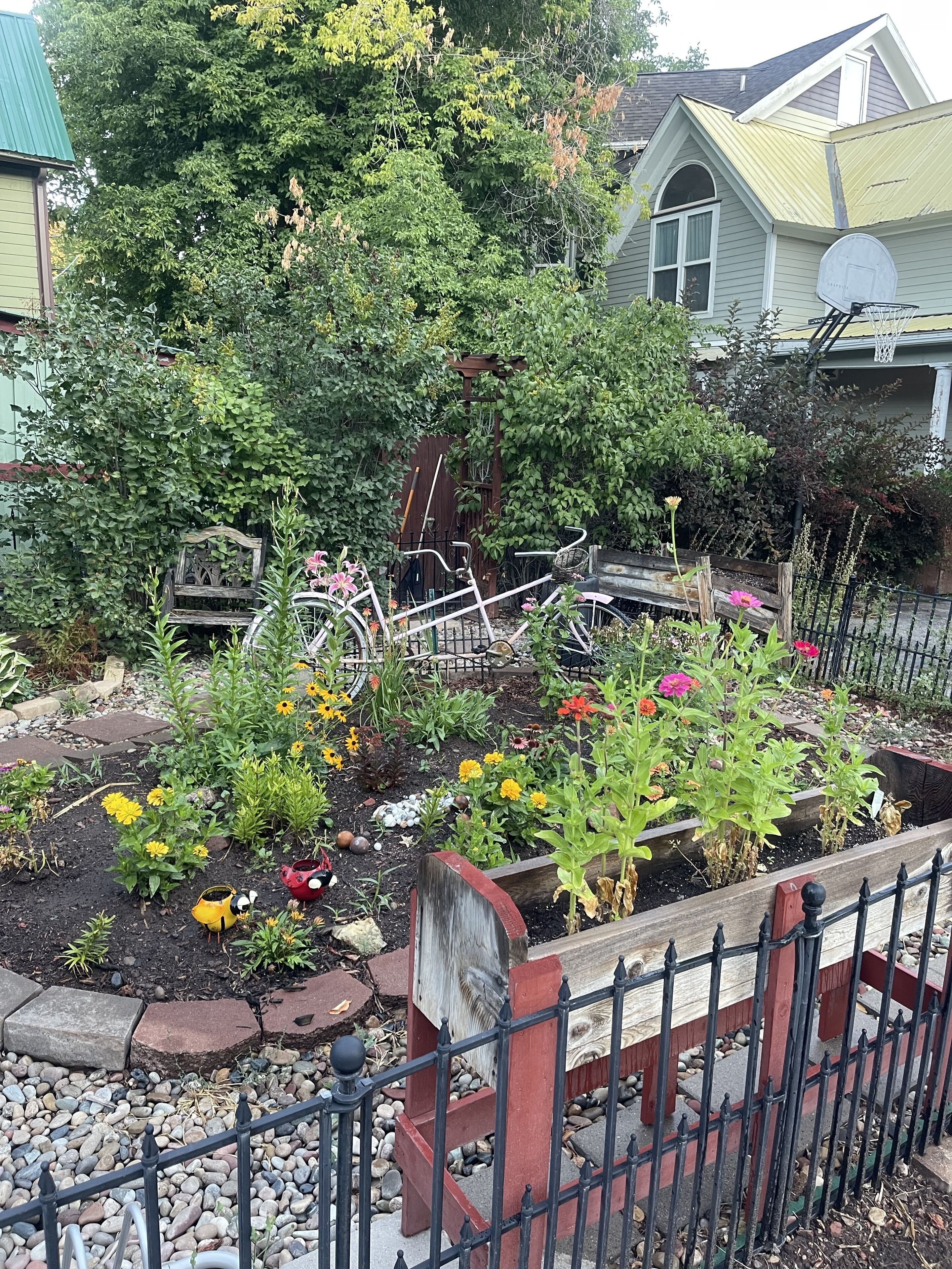 Een tuin met verschillende planten en bloemen, een houten bank en een fiets.