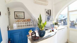 Een keuken met blauwe kastjes, een aanrecht met een plant en een raam met uitzicht op gebouwen.