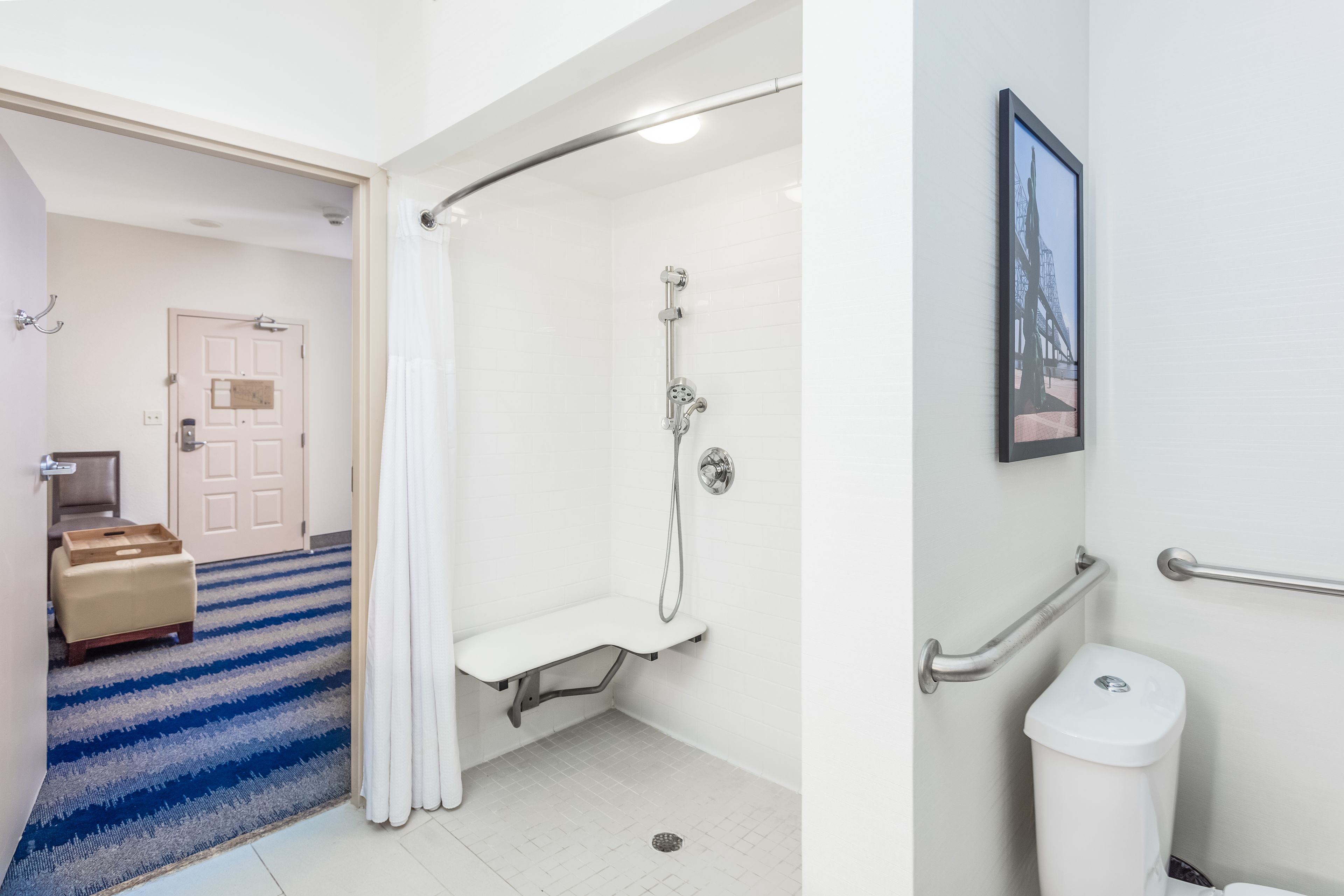 A bathroom with a shower, toilet, and a framed picture on the wall.