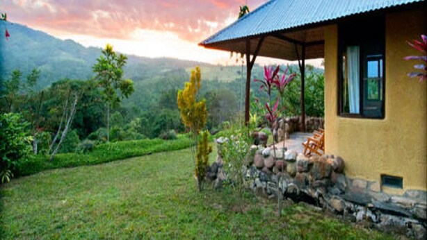 Una casa con techo de metal corrugado, rodeada de un paisaje verde exuberante y montañas al fondo.
