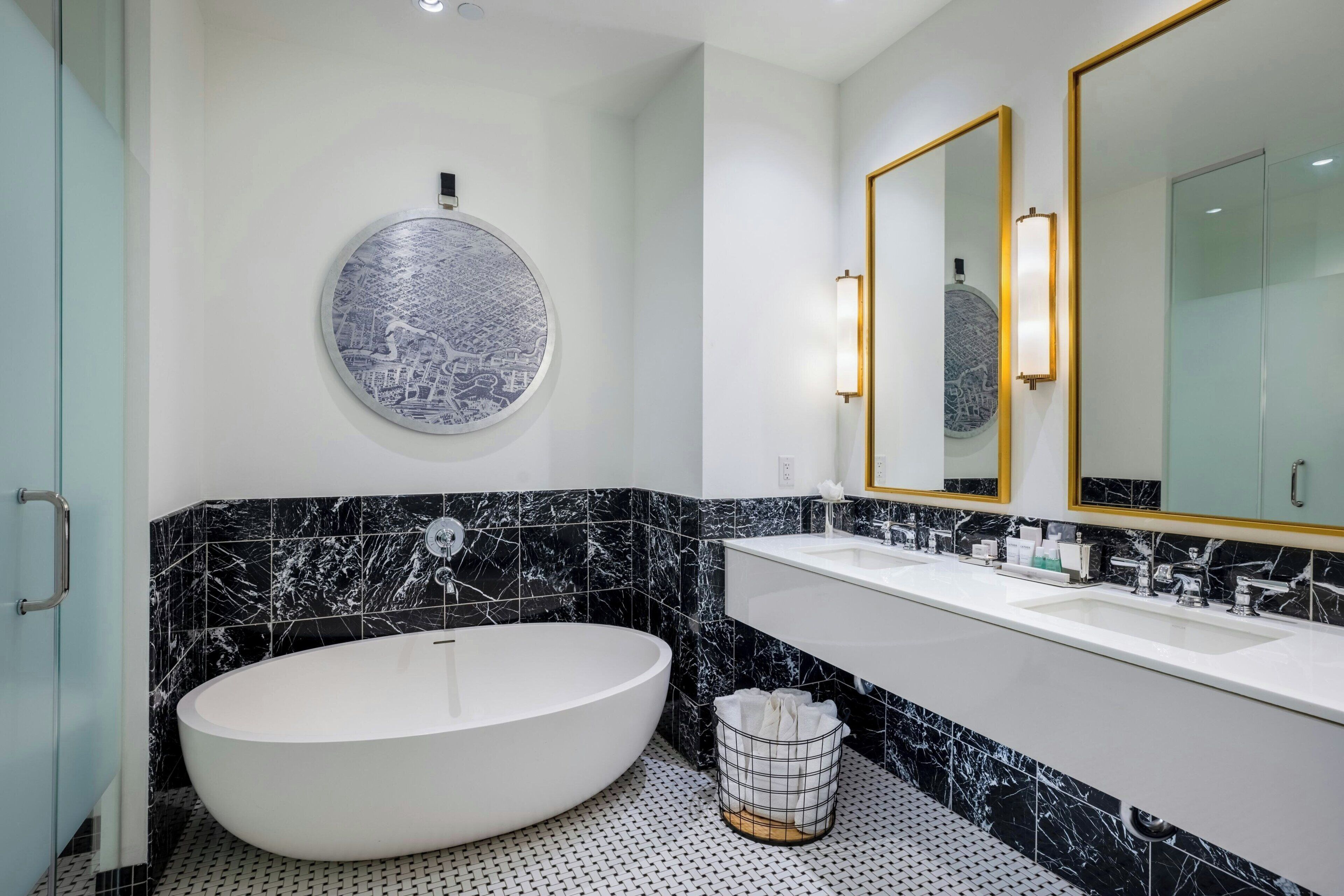 designer toiletries, hair dryer, bathrobes, towels