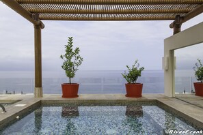 Une piscine avec vue sur la mer, entourée de plantes en pot et agrémentée d’une pergola.