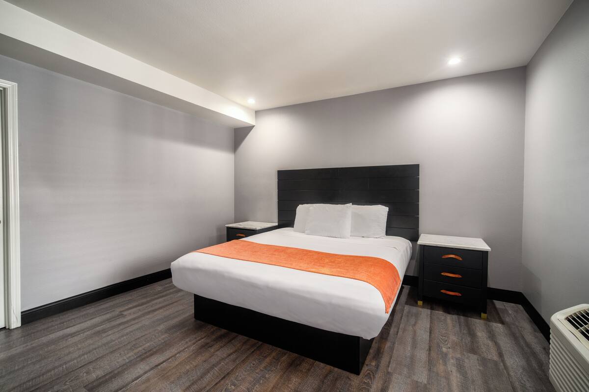 A modern hotel room with a large bed, a nightstand, and a heater.
