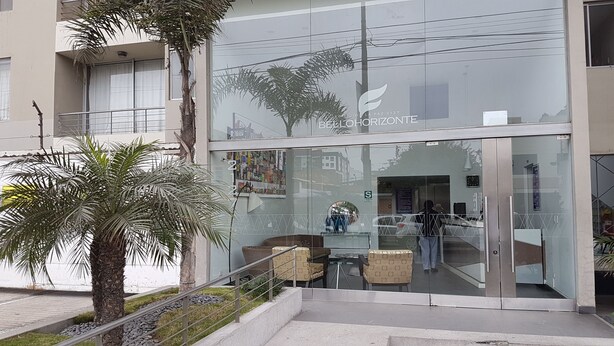 A modern building with a glass facade, a palm tree in the foreground, and a sign reading "BELLOHORIZONTE". - Lima Flats 3 (Lima)