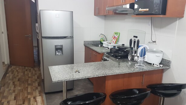 A compact kitchen with a refrigerator, stove, microwave, and a small sink. - Lima Flats 4 (Lima)