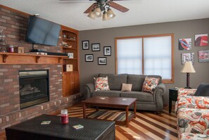 Een televisie, een open haard, een dvd-speler en boeken