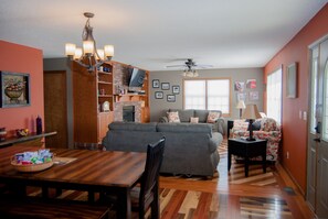 Televisio, takka, DVD-soitin, kirjoja