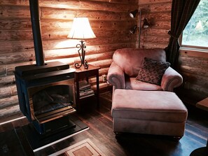 Smart TV, fireplace, books, stereo