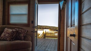 A cozy interior with a wooden deck leading outside, a cushioned sofa with patterned pillows, and a window with blinds. - Rustic Cabin - Jetted Tubs - Wi-Fi - Wonderful Views - Grill - Firepit - Porch (Makanda)