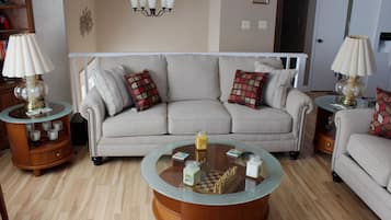 TV, DVD player, foosball, books