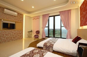 A bedroom with two beds, a TV, and a large window with curtains. - Lambo Stay (Toucheng)