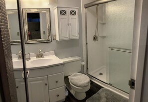 Ein Badezimmer mit Waschbecken, Toilette, Dusche und Spiegel.