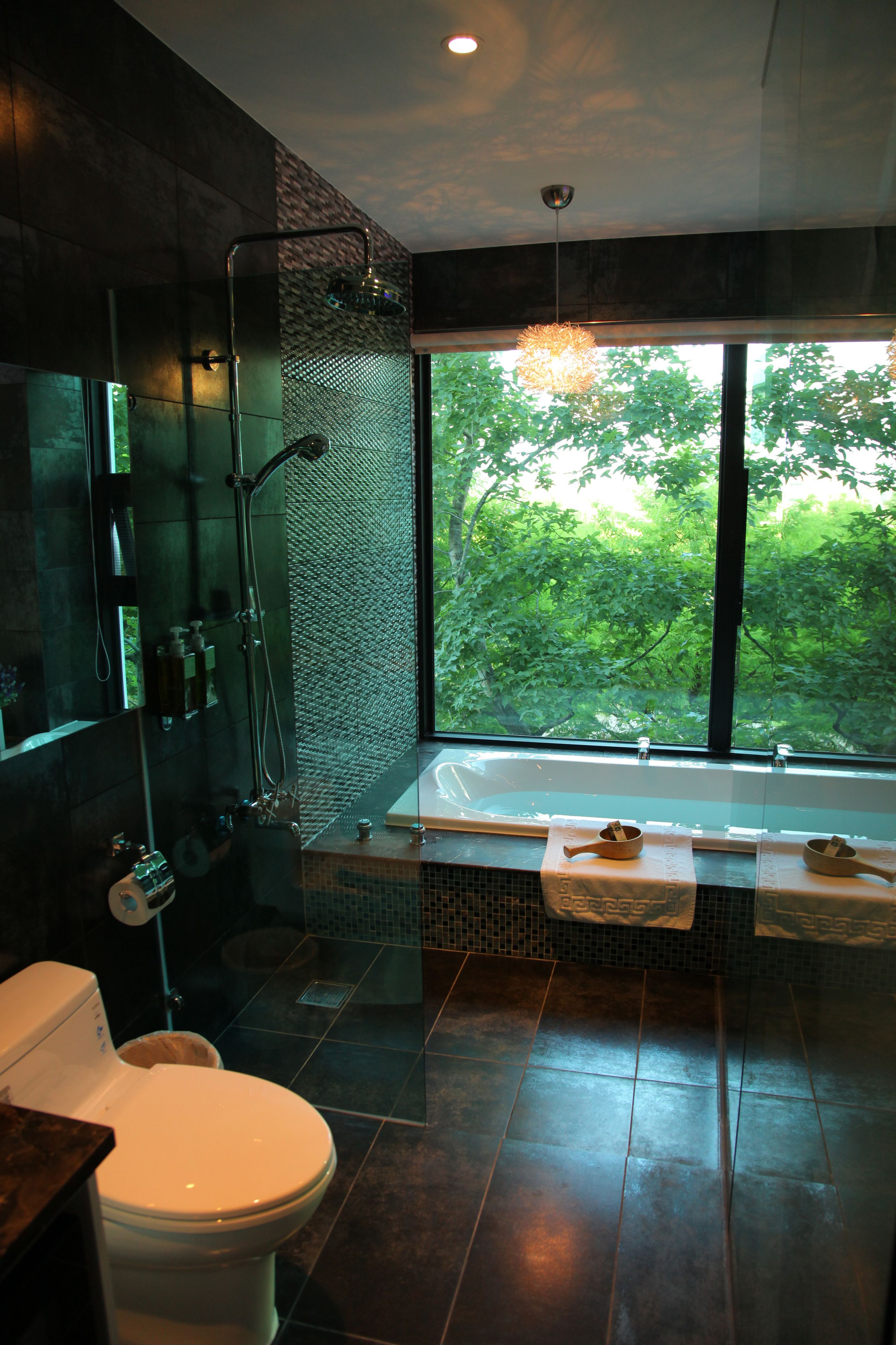 A modern bathroom with a glass-enclosed shower, a bathtub, and a toilet.