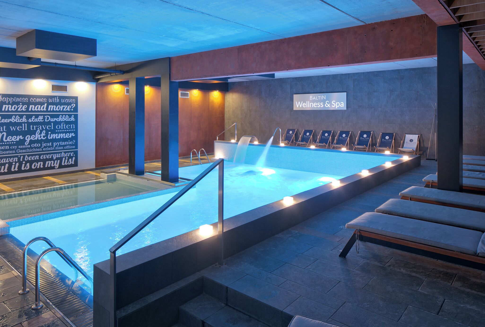 indoor pool, outdoor pool, pool loungers