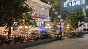 A well-lit outdoor seating area with tables and chairs, surrounded by decorative plants and a fence. - Hotel Adele (Bellaria-Igea Marina)