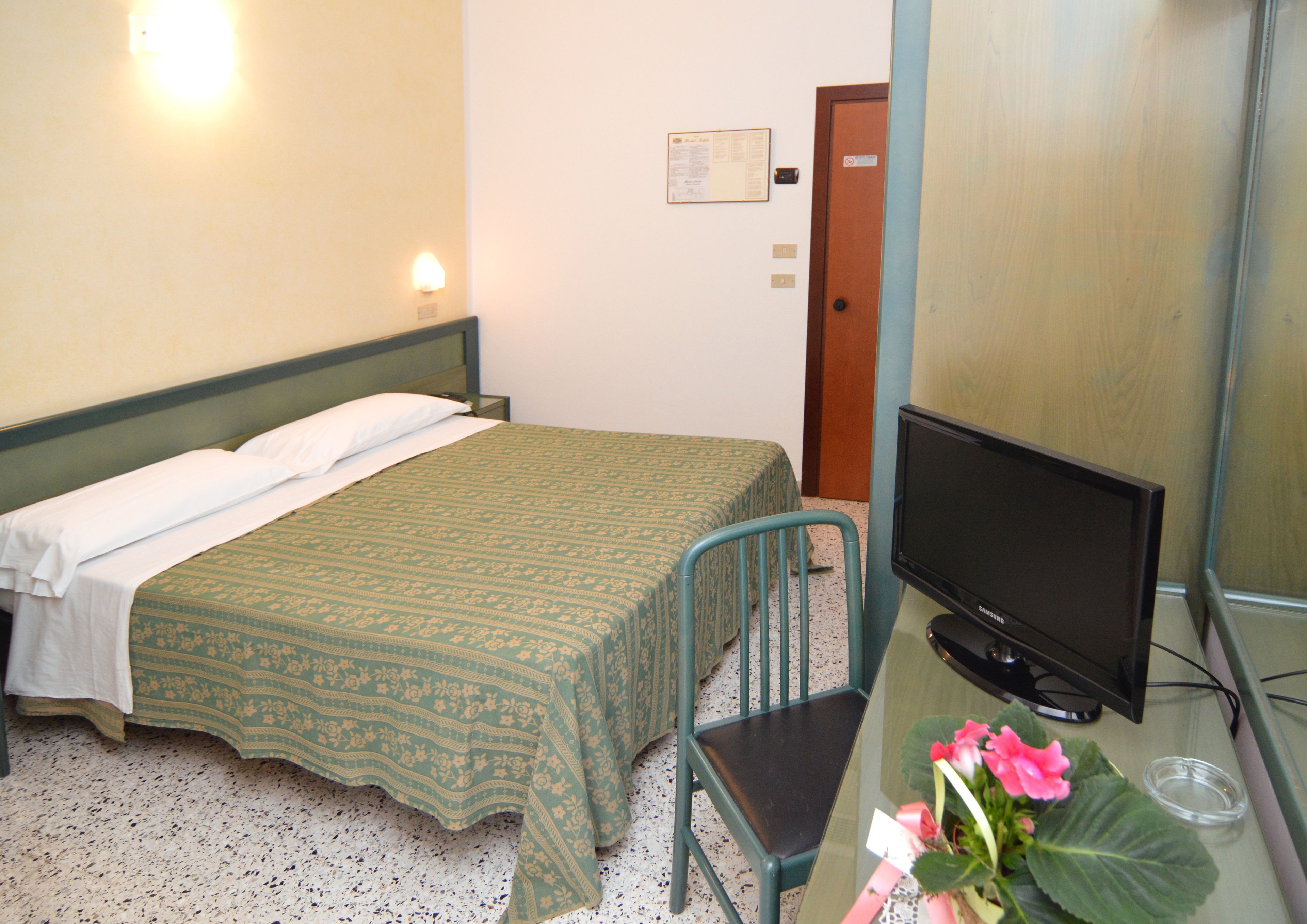 A room with a bed, a chair, a television, and a small table with a flower vase.