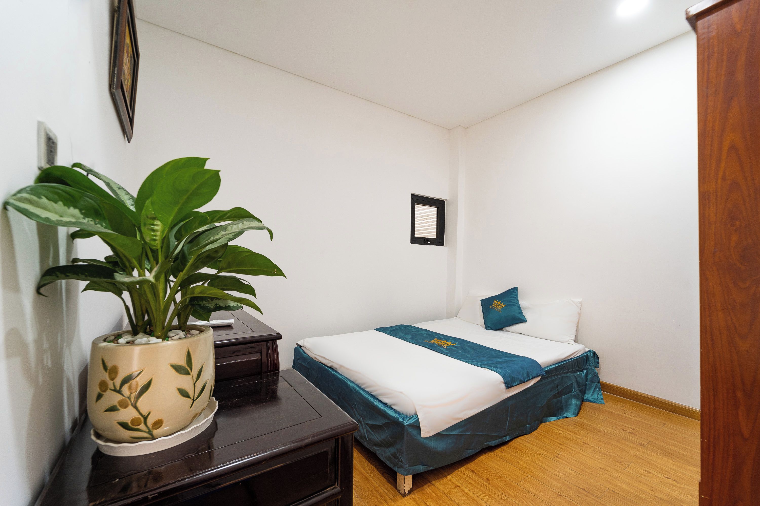 A bedroom with a bed, a bedside table, a potted plant, and a framed picture on the wall.