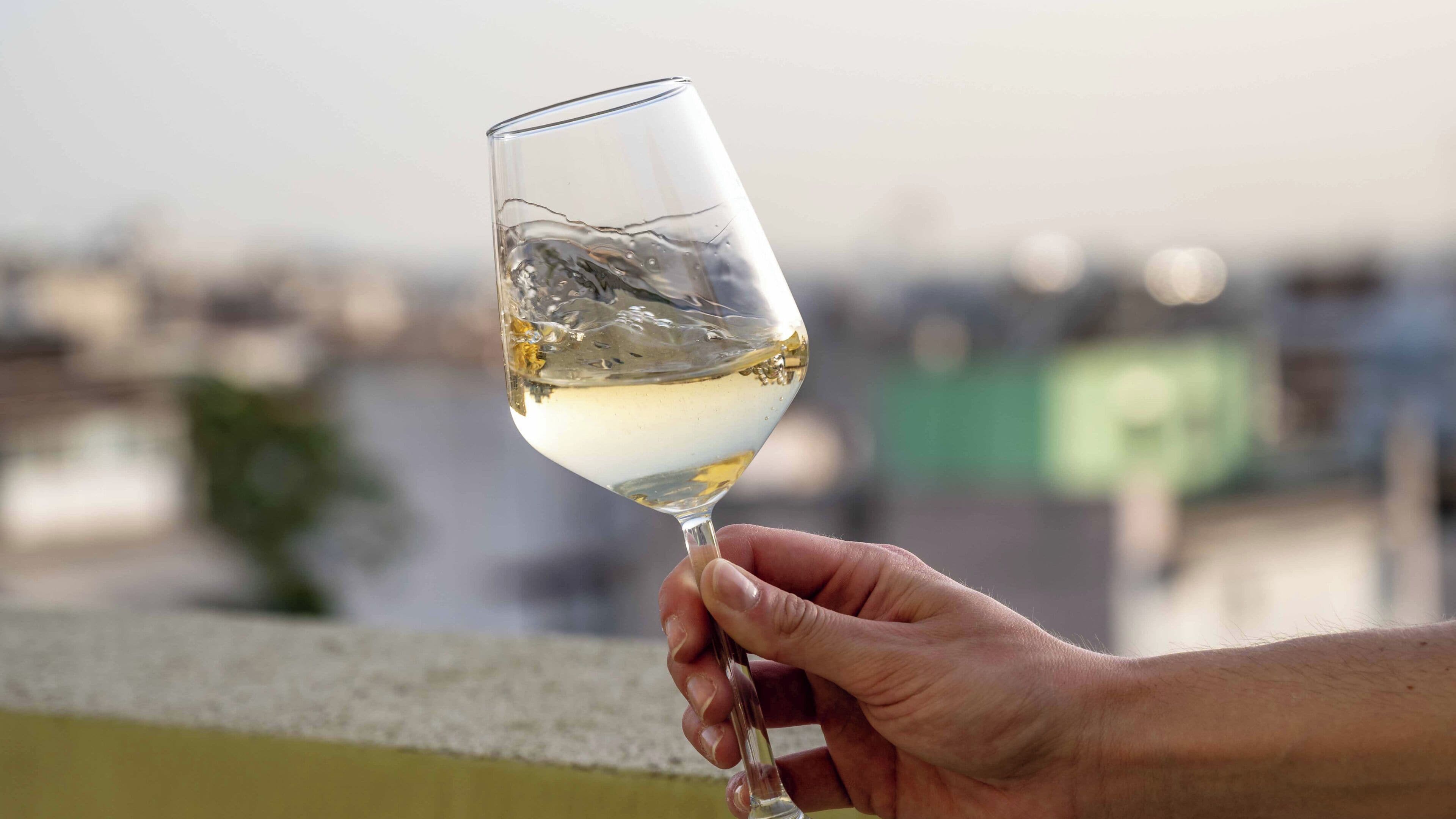 A hand holding a wine glass with a cityscape in the background.