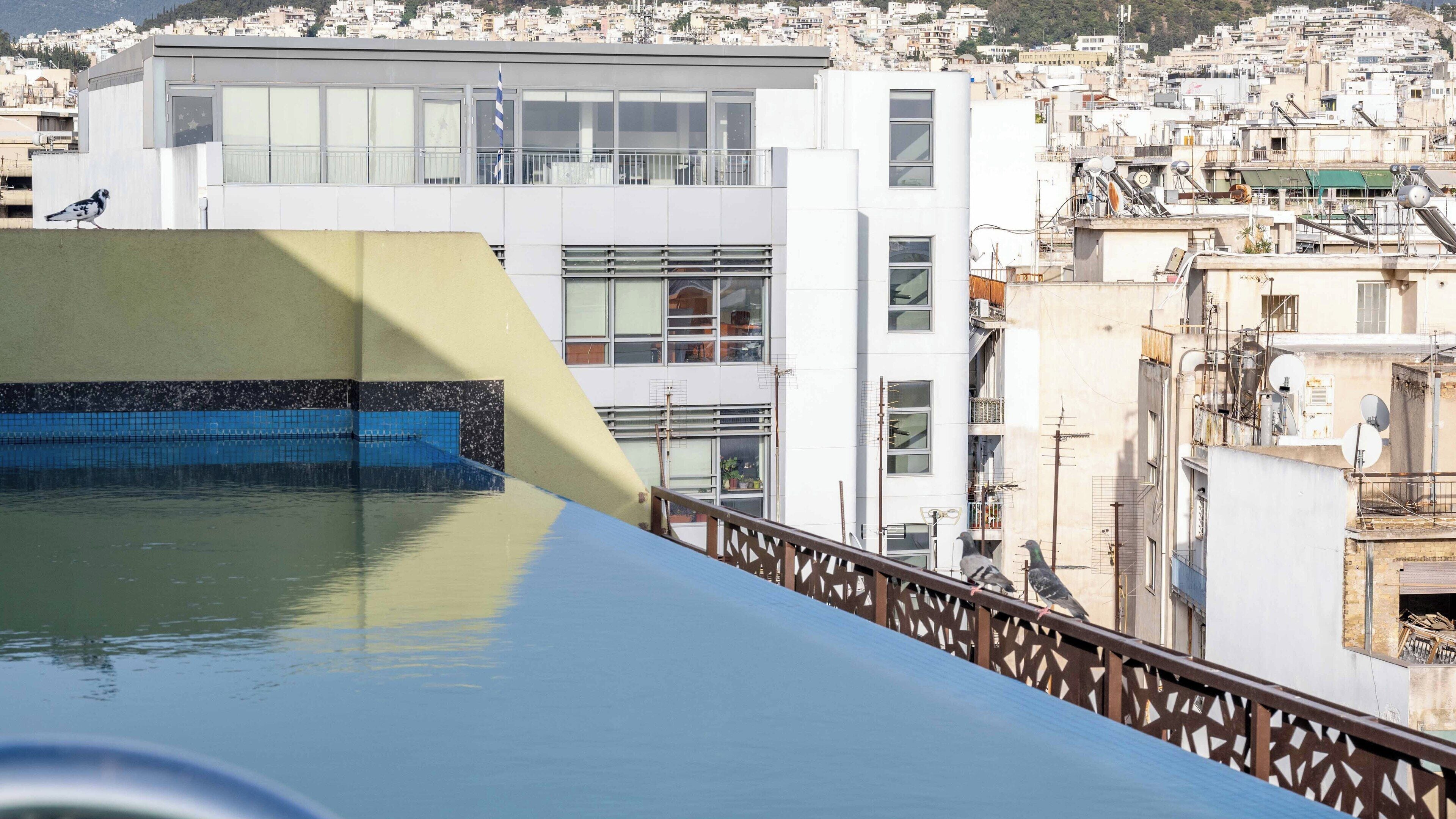 A rooftop pool with a view of a densely packed urban area.